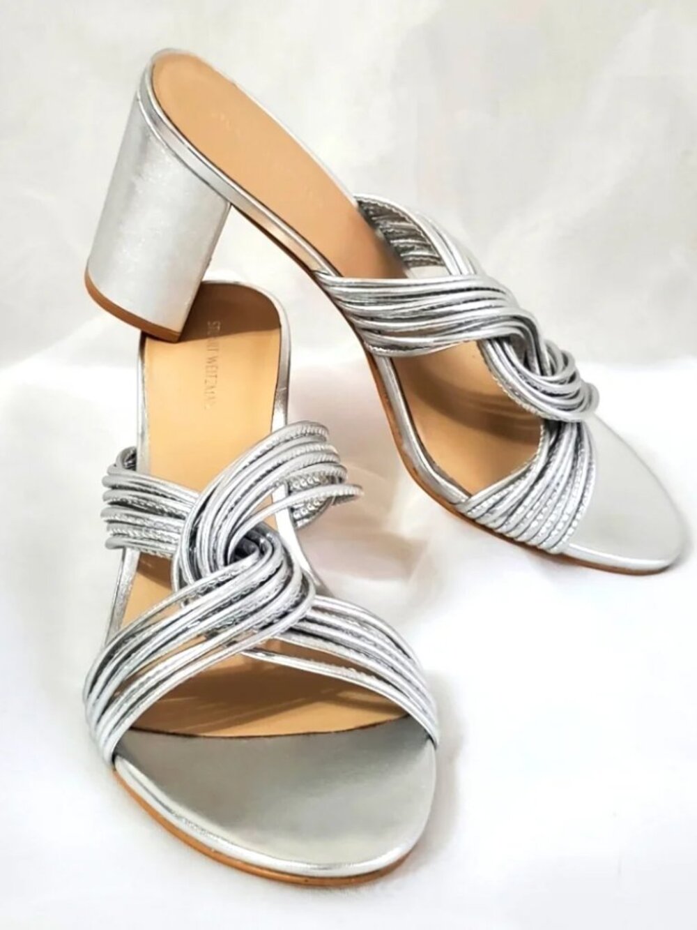 Stuart Weitzman Twist Block 75 Silver Metallic Slide Sandal Size 4 NIB
